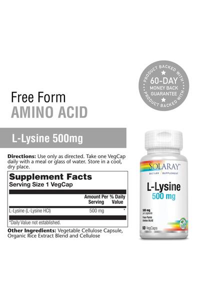 Solaray L-Lysine 500mg | Supports Cognitive, Immune, GI, Bones, Joints & Skin | 60 VegCaps
