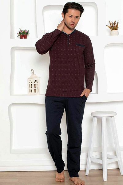 ALİMER Men's Claret Red O Neck Placket Button Long Sleeve Polka Dot Pocket Combed Cotton Oversize Pajama Set Edy1204Ukb-B
