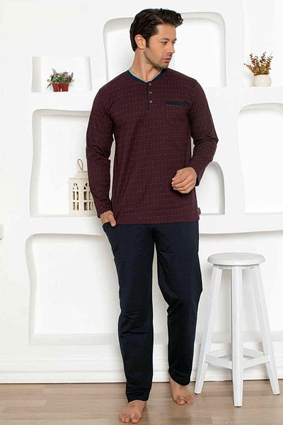 ALİMER Men's Claret Red O Neck Placket Button Long Sleeve Polka Dot Pocket Combed Cotton Oversize Pajama Set Edy1204Ukb-B