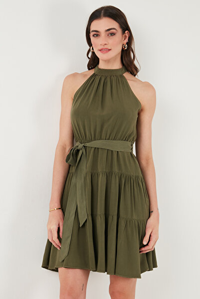 Lela Pileli Regular Fit Halter Yaka Mini Boy Kemerli Elbise ELBİSE 6772041