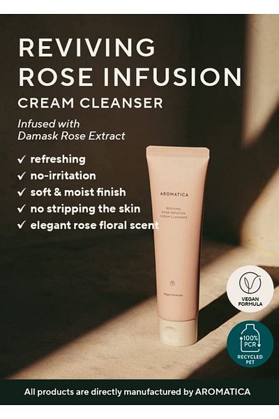 Aromatica Reviving Rose Infusion Cream Cleanser 5.11oz, Hydrating Foam for Dry Skin | Vegan, Cruelty-Free