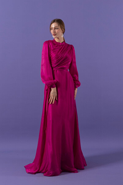 Stilife Φούξια βραδινό φόρεμα με ντραπέ στήθος