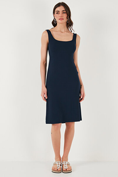 Lela Streç Slim Fit Kare Yaka Kalın Askılı Midi Boy Elbise ELBİSE 5866102