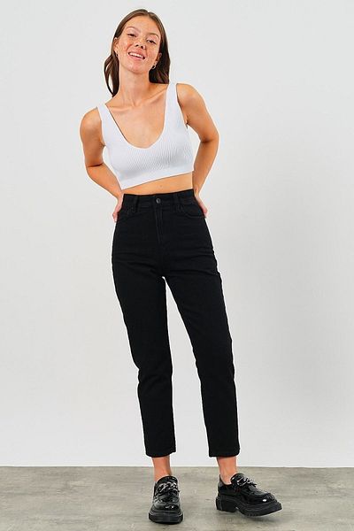 MAKRAS EXCLUSIVE Pera Pantaloni negri Boyfrend cu talie înaltă din lycra, extra flexibili, pentru mama
