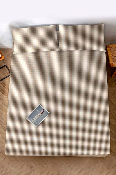 Rivaİstanbul Διπλό Σεντόνι Καφέ Gingham Βαμβακερό