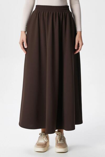 Ritnice Kadın Luna Bel Lastikli Cepli Kahverengi Uzun Maxi Boy Etek