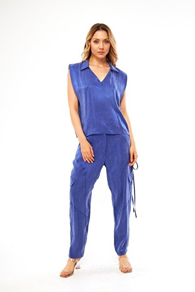 LAMANTE V YAKA MAVİ OKALİPTÜS BLUZ