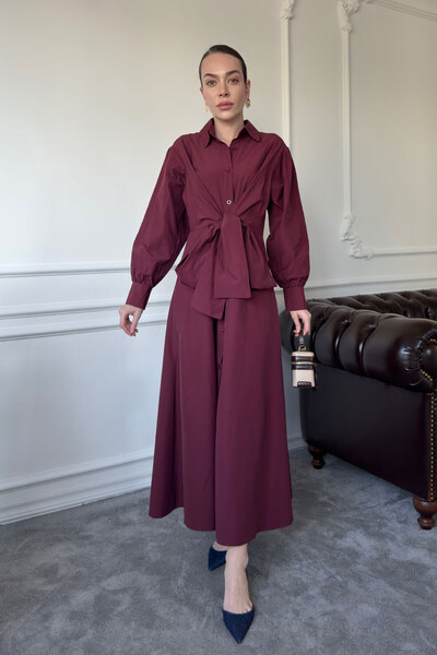 MAGARDE فستان طويل من البوبلين - أحمر كلاريت بحزام