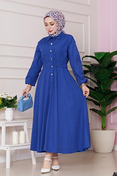 Sevitli فستان ياسمين بتفاصيل مطاطية على الخصر - أزرق ساكس