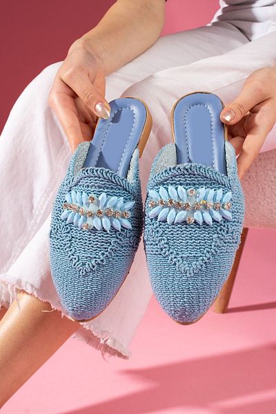 FUGA MODA Papuci de paie Yamal cu pietre de culoare albastru baby