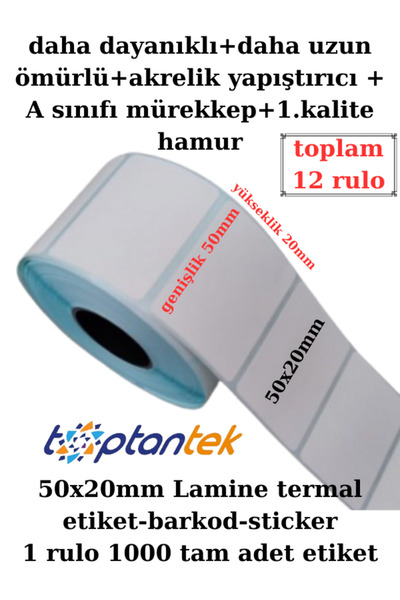 TOPTANTEK Barkod Etiket Sticker 50x20 Lamine Termal Rulo Etiket Daha Dayanıkl...