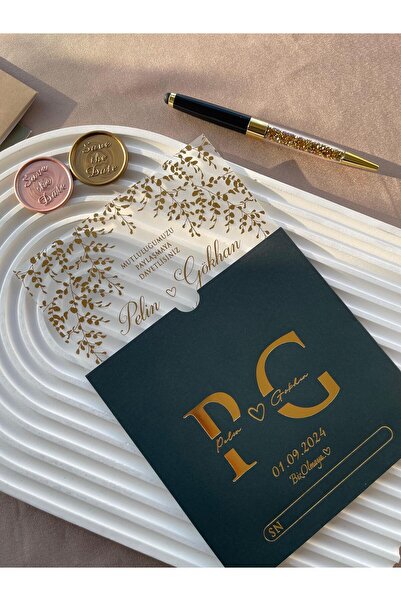 emindijital Çam Yeşil Zarflı Şeffaf Nikah, Nişan, Kına, Düğün Davetiyesi - 50...