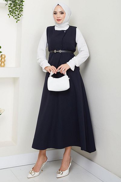 hafsamina Navy Blue Double Suit - Effective with Vest Hm2690