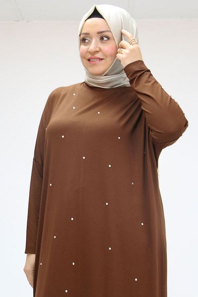 Eslina 58022 Large Size Diamond Stone Printed Combed Cotton Tunic - Brown