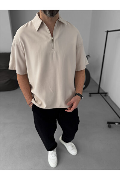 BYBASICMAN Bej Basic Yarım Fermuarlı T-Shirt YP-5012