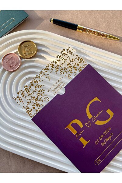 emindijital Mor Zarflı Şeffaf Nikah, Nişan, Kına, Düğün Davetiyesi - 50 Adet