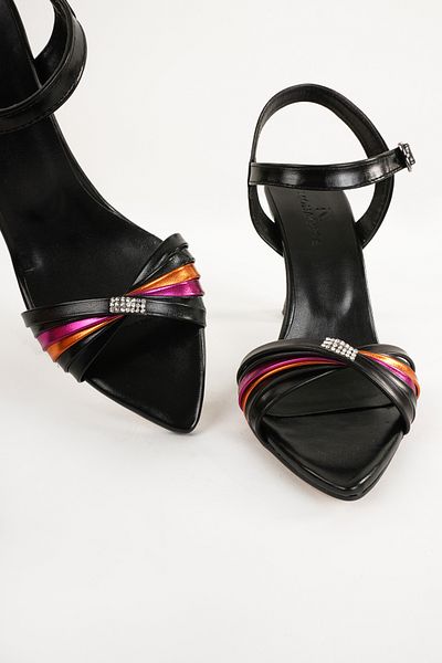 Eray Women's Stone Detailed Colorful Cross Strap Thin Heel Evening Dress Shoes