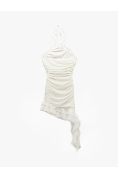 Koton Μίνι φόρεμα από τούλι με απλικέ ροζ λεπτομέρεια αμάνικο ντραπέ