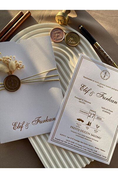 emindijital Beyaz Zarflı Kuru Çiçekli Mühürlü Düğün Davetiyesi - 100 Adet