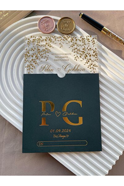 emindijital Çam Yeşil Zarflı Şeffaf Nikah, Nişan, Kına, Düğün Davetiyesi - 50...