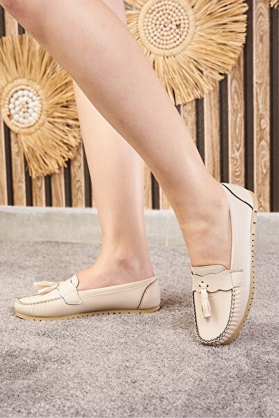Nstil Καθημερινά γυναικεία μπεζ μπαλαράκια με φούντα και ραφές με λεπτομέρειες από συνθετικό δέρμα άνετα ελαφριά παπούτσια με χαμηλό τακούνι 04