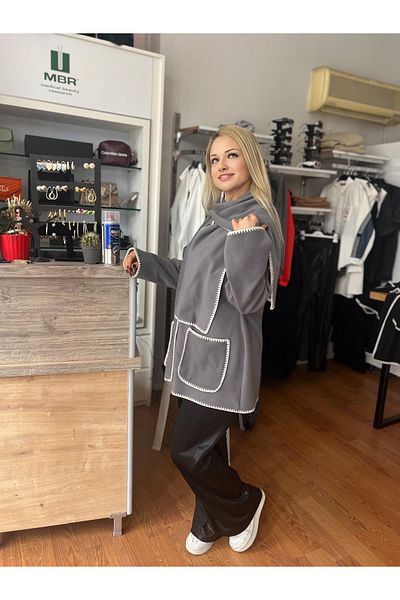 ÇELEBİ STYLE Women's Shepherd Stitching Fleece Jacket Scarf Set
