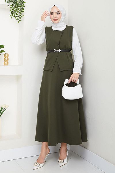 hafsamina Vest Skirt Double Suit Khaki Hm2690