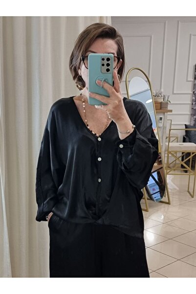 pudubutik قميص ساتان فيسكوز 100% باللون الأسود