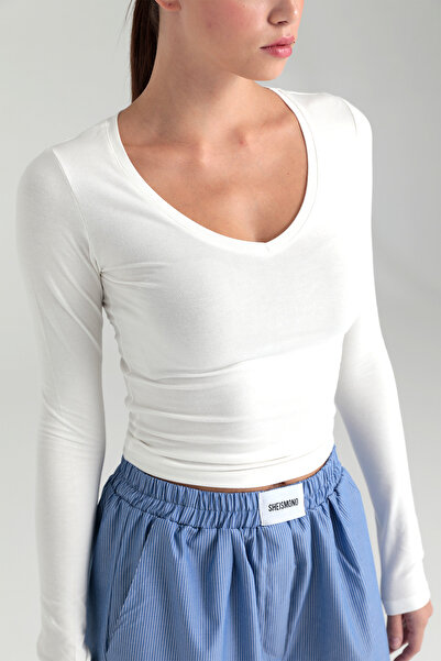 SHEISMONO Ultra Soft V Yaka Bluz Ekru