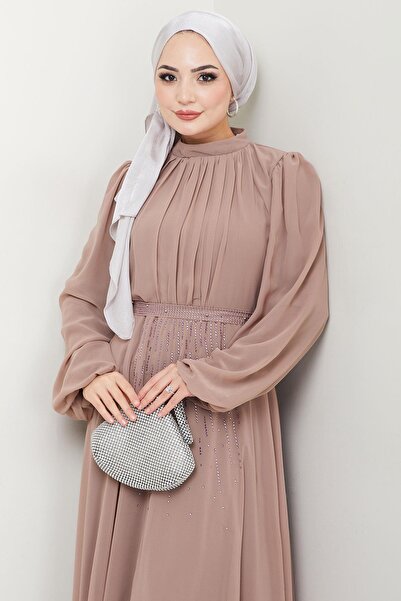 hafsamina Βραδινό φόρεμα Chiffon με πέτρες στη μέση Mink HM2668