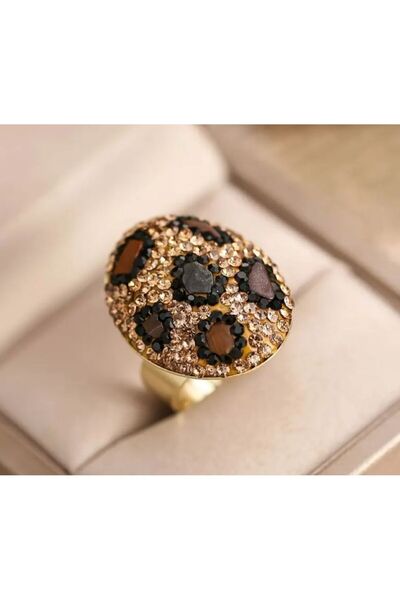 Dgt Luxury خاتم عتيق بنمط الفهد، أسود، بني وحجر الزركون العنبر قابل للتعديل