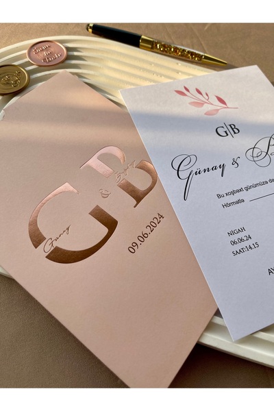 emindijital Düğün Nişan Nikah Kına Davetiyesi Pudra 50 Adet Yaldızlı