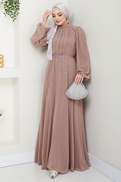 hafsamina Βραδινό φόρεμα Chiffon με πέτρες στη μέση Mink HM2668