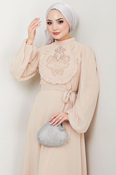 hafsamina Boncuklu Şifon Abiye Elbise Bej HM2667