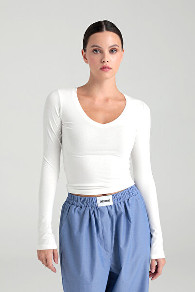 SHEISMONO Ultra Soft V Yaka Bluz Ekru