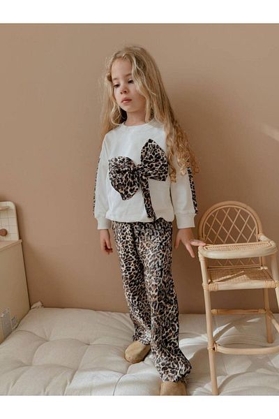 YİGİT BUTİK Set de sus și de jos pentru fete cu model leopard cu fundă Yigit Boutique