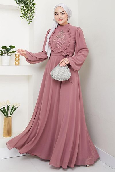 hafsamina Βραδινό φόρεμα σιφόν με χάντρες Dusty Rose HM2667