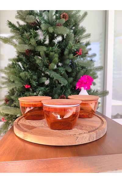 Madame Coco Florian 380ml Wooden Lid Storage Container 3-Pack-Amber