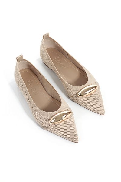 ZİESCE Women's Beige Knitwear Pointed Toe Buckle Detail Babet Shoes