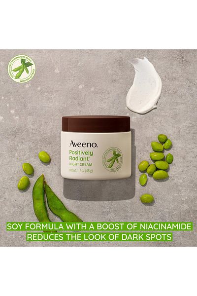 AVEENO Positively Radiant Night Cream with Soy & Niacinamide, Evens Tone & Texture, Hypoallergenic, 1.7 oz