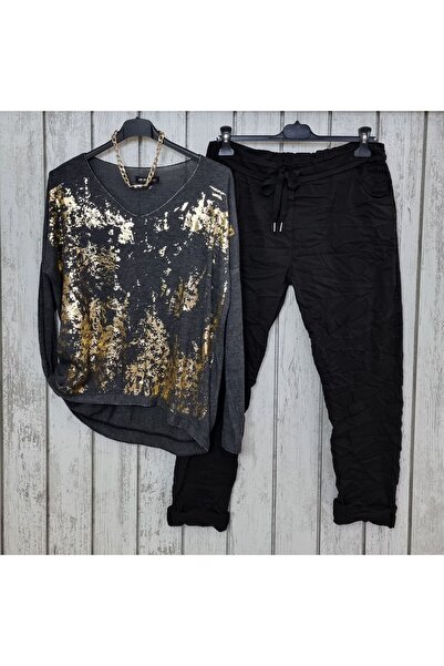 pudubutik Varak Baskılı Triko Bluz Antrasit