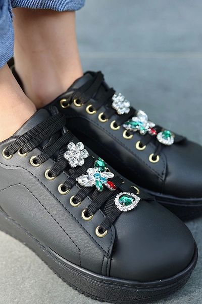 KAZAX Tenya Black Leather Stoned Lace-Up Sports Shoes