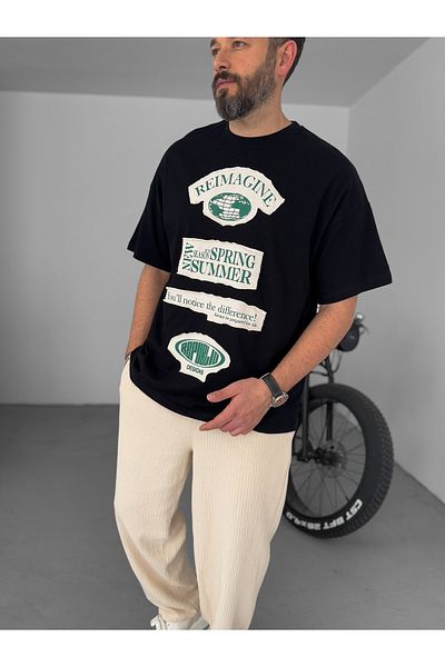 BYBASICMAN Black Patched Reimagine Printed Oversize T-Shirt