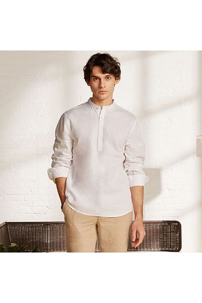 Giordano Men's Linen Cotton Poplin Shirt | Slim Fit, Band Collar