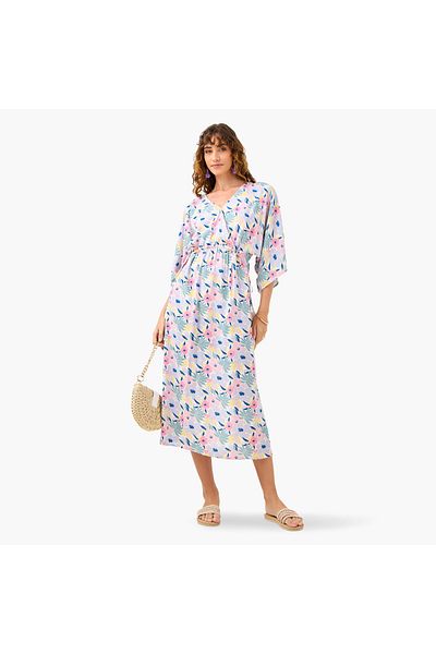 FAV Floral Print Dress with V-neck and Tie-Up Detail