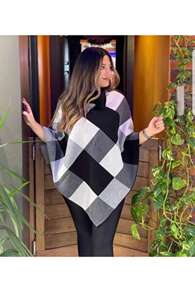 b buhari bykoc Women's Square Print Neckline Triangle Knitwear Poncho