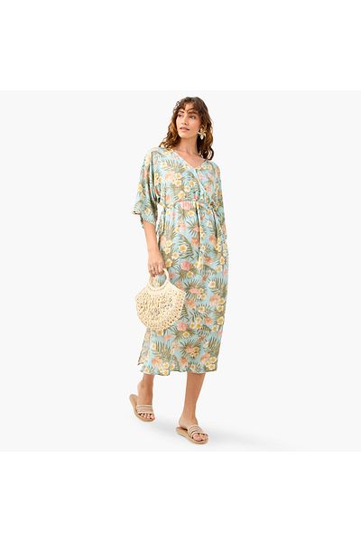 FAV Floral Print Dress with V-neck and Tie-Up Detail