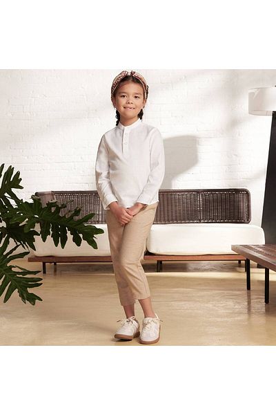 Giordano Kids Linen-Cotton Band Collar Shirt - Long Sleeve, Garment Wash