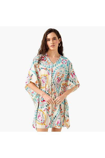 FAV Printed Kaftan Cover Up with Tie-Up and V-neck