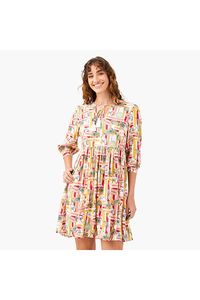 FAV Printed Coverup Dress with Tie-Up Neck and 3/4 Sleeves
